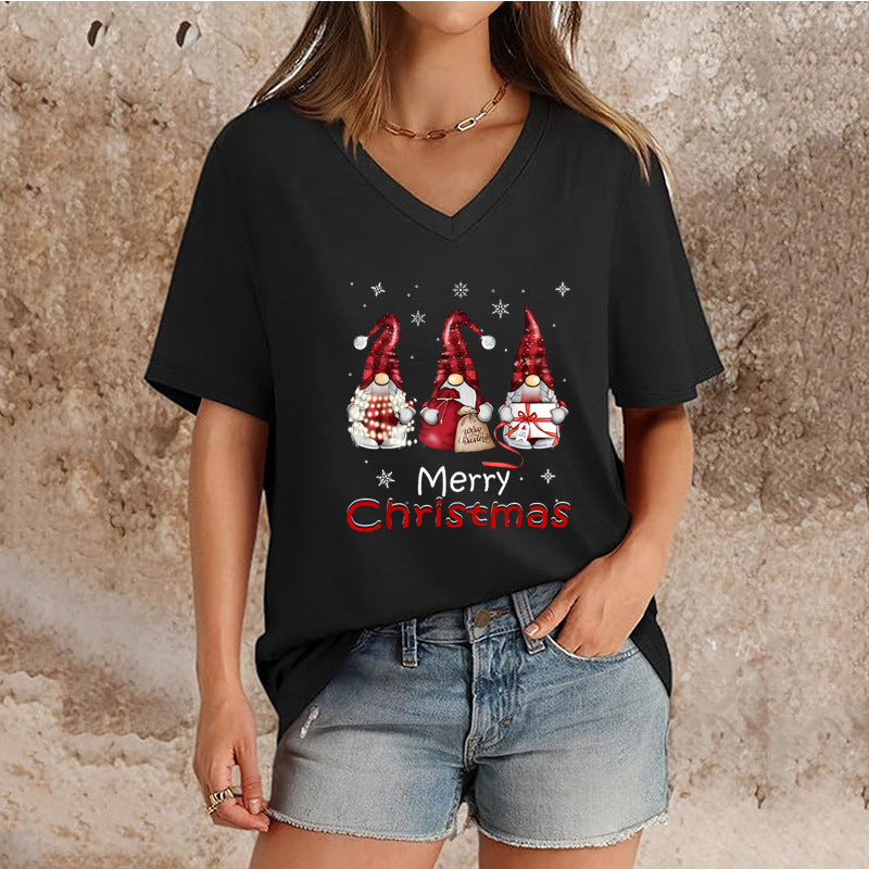 T-shirt de Noël à col en V et manches courtes pour femme