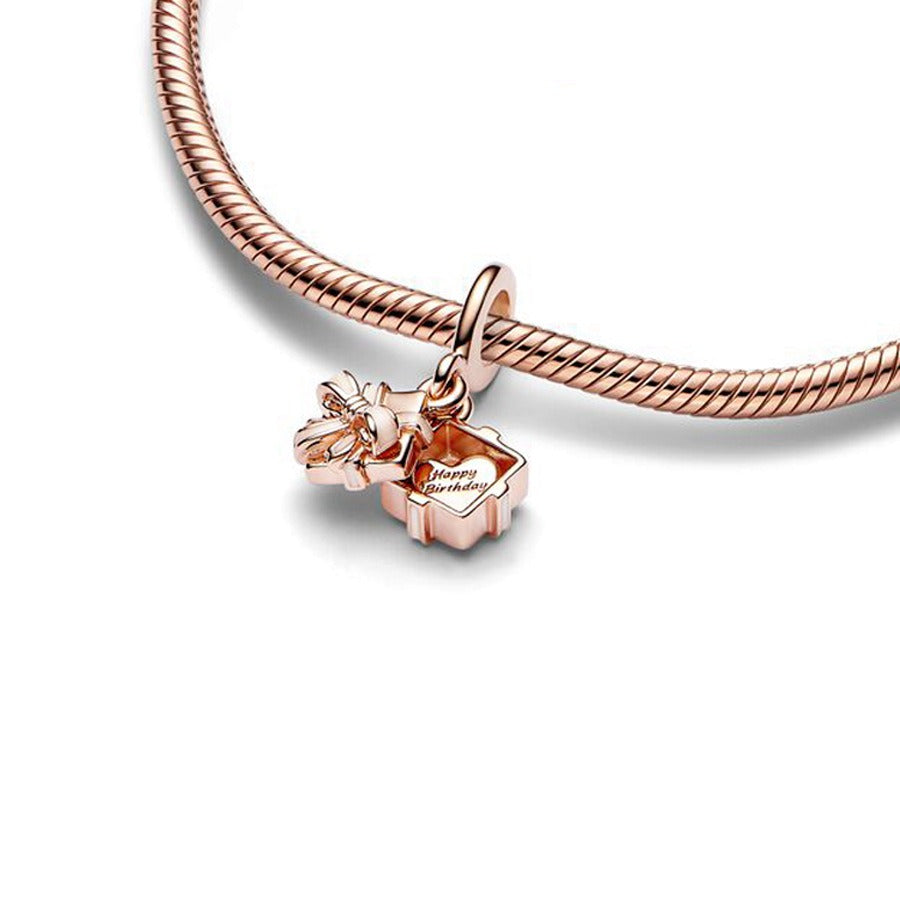 Pendentif Boîte Cadeau Anniversaire Ouvrable – Or Rose avec Nœud Ruban