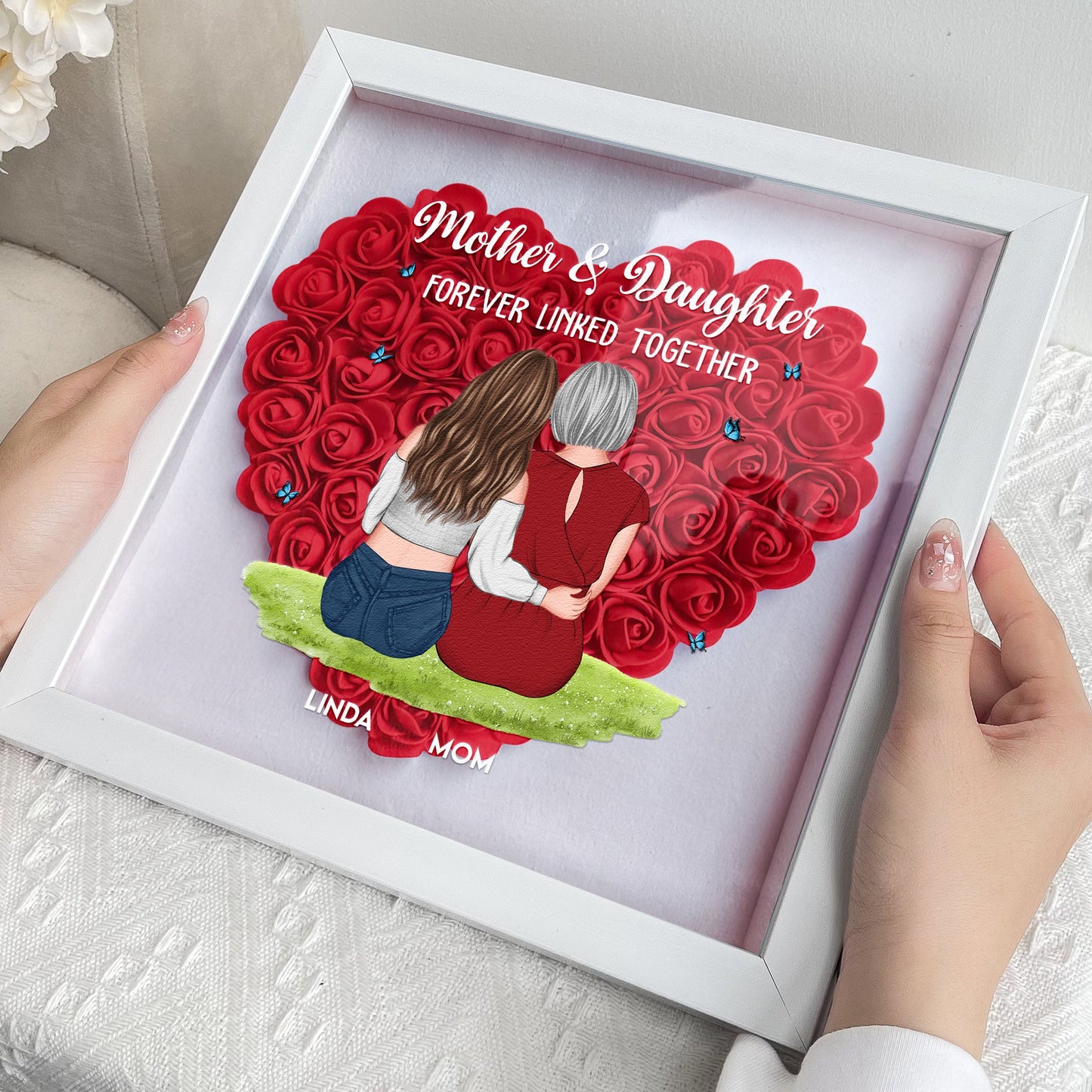 Mother & Daughter Forever Linked shadow box with red heart flowers, white frame