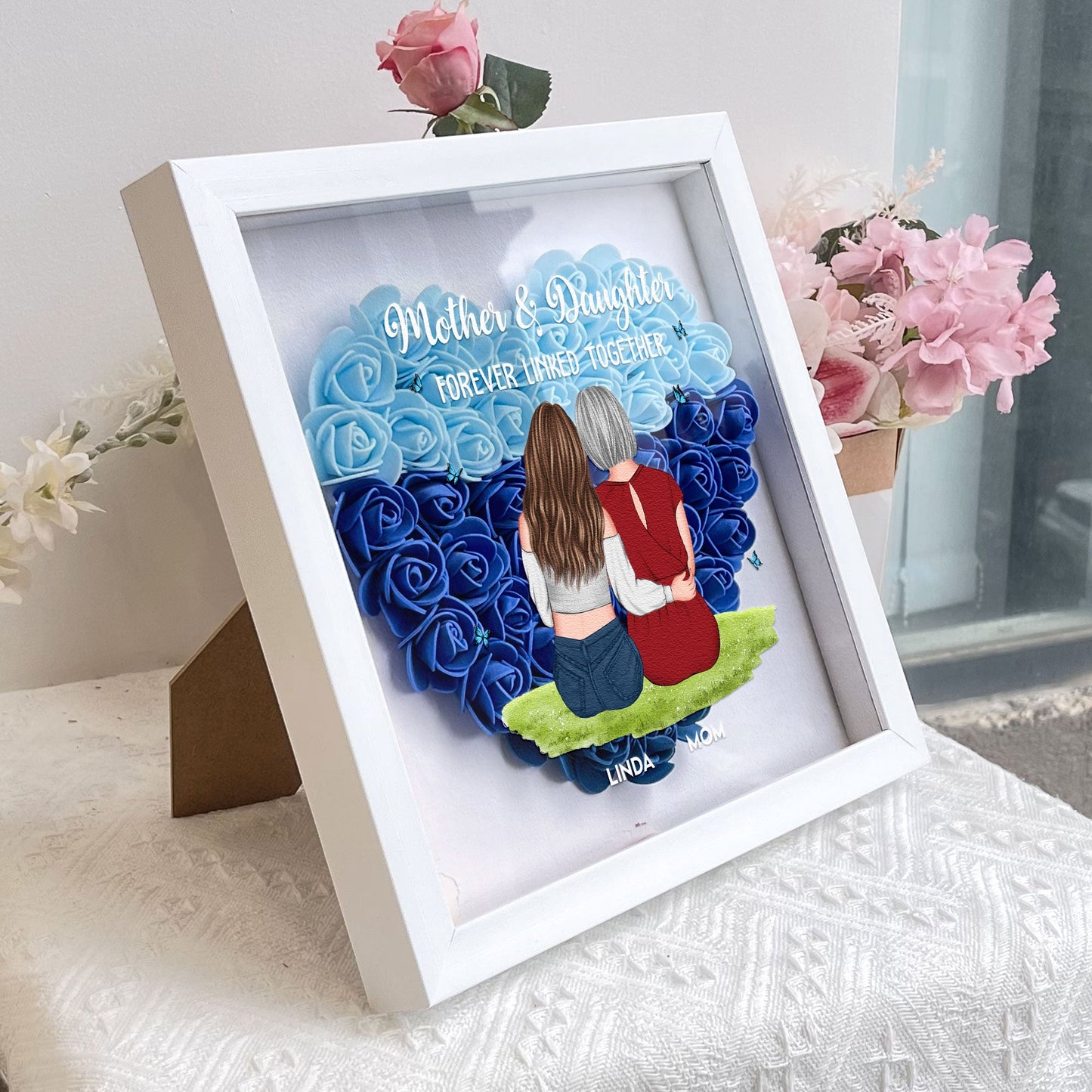 Mother & Daughter Forever Linked shadow box with blue and white heart flowers, white frame, a perfect gift.