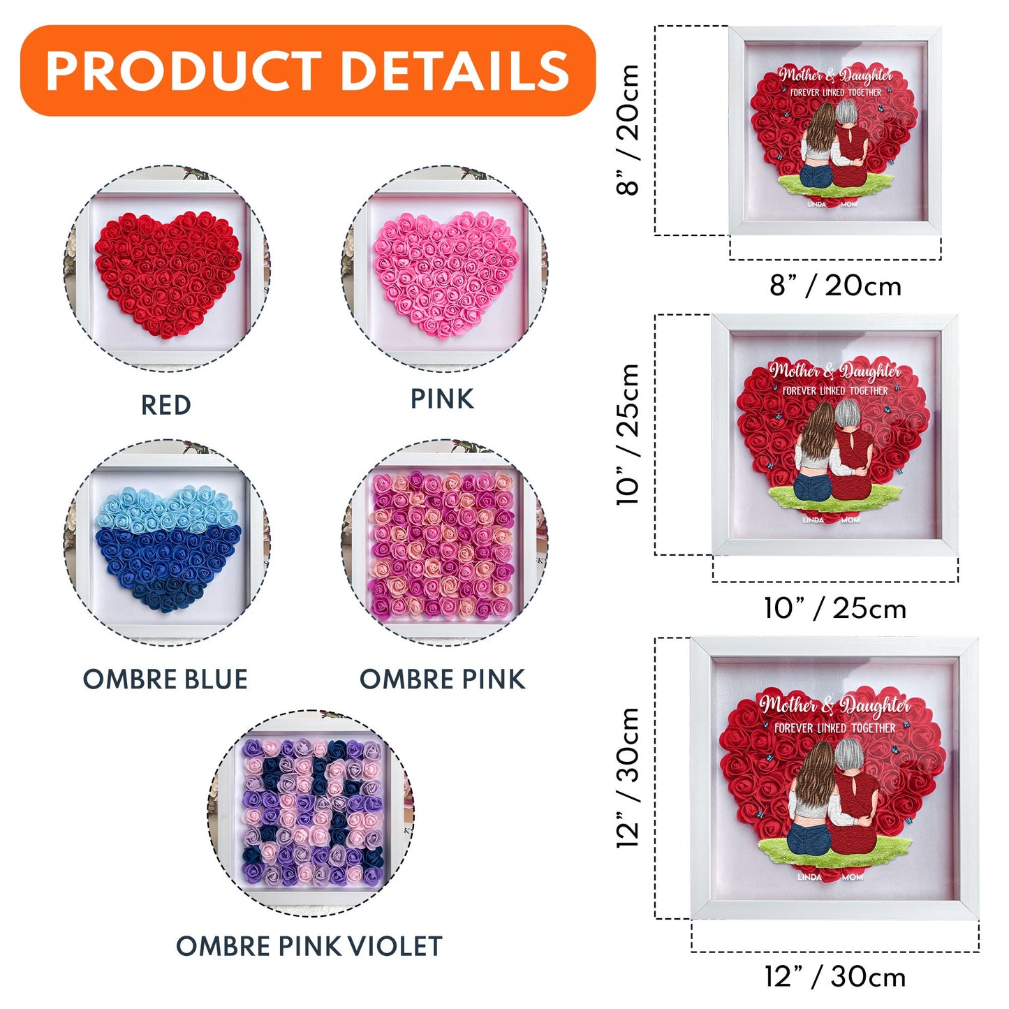 Personalized Mother & Daughter shadow box, heart flower colors & sizes, MDF frame, a gift for mom.