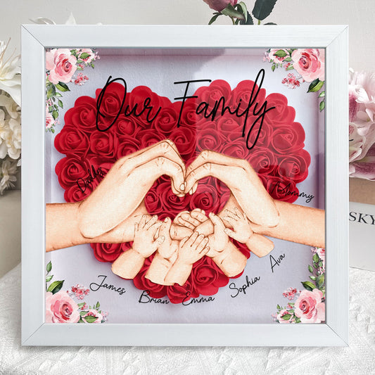 Personalized Family Flower Shadow Box with Heart-Shaped Red Floral Arrangement