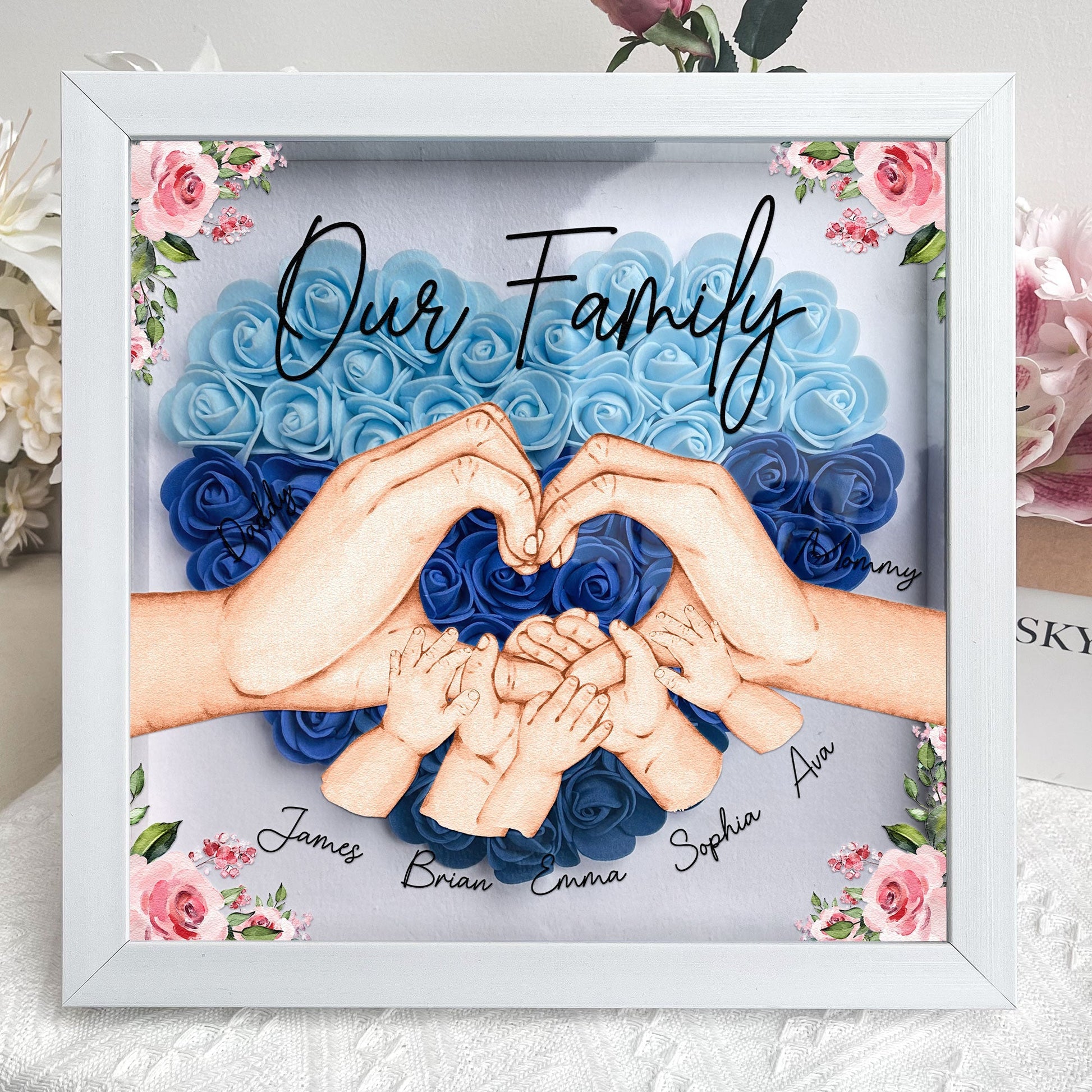 Our Family Personalized Flower Shadow Box, Heart-shaped floral arrangement with family name, MDF frame