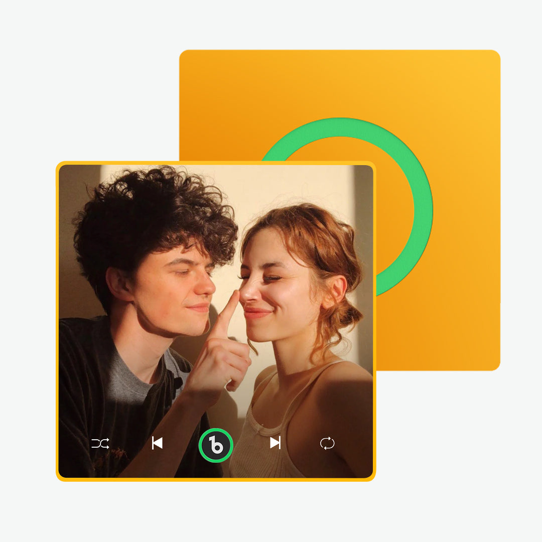 Custom Music and Photo Fridge Magnet displaying a couple, a personalized romantic gift with Bluetooth connectivity