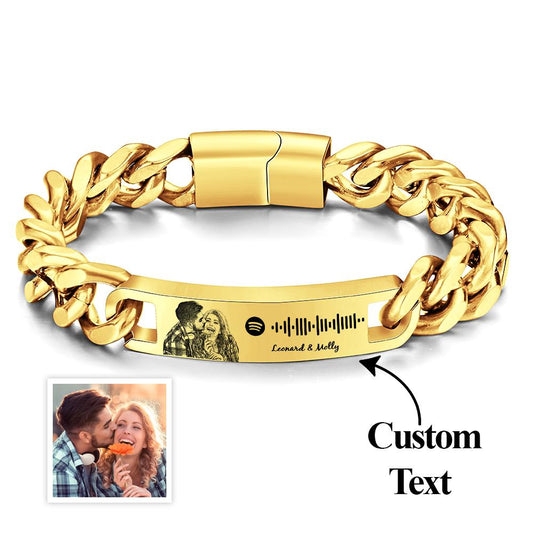 Personalized gold Spotify code bracelet with engraved photo and custom text, a perfect anniversary gift for him.