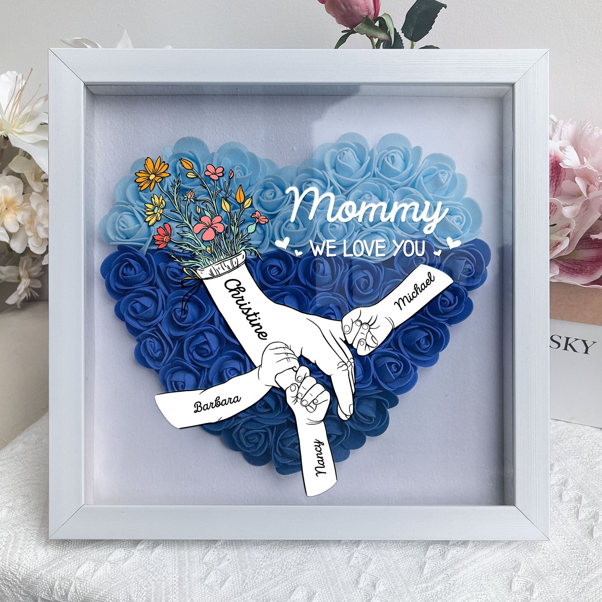 Mommy We Love You personalized flower shadow box, heart design, Mother's Day gift, white frame, blue flowers