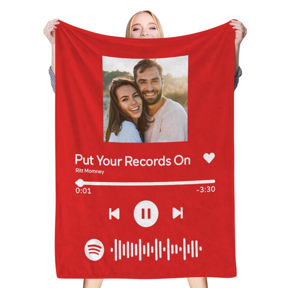 Red Spotify code blanket with couple's photo and song lyrics, perfect gift